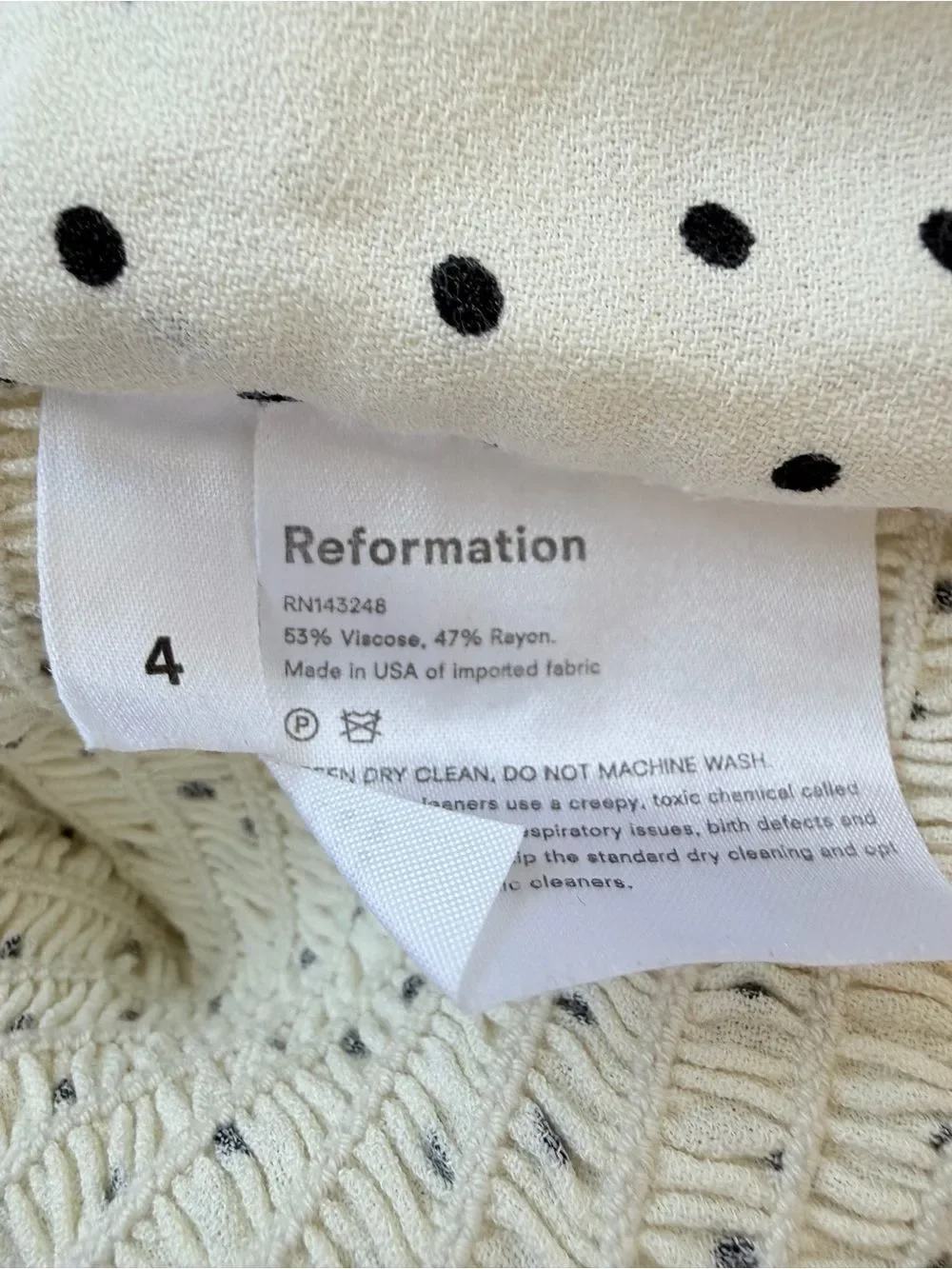REFORMATION Nina‎ Blouse Polka Dot Puff Sleeve Womens  Top Size 4 Ivory Black